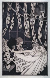 Erotismo: Giacomo Casanova solleva le lenzuola per contemplare la sua amante nuda, inizio XX secolo (incisione)