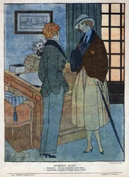 Illustrazione di una scena del pezzo teatrale "Elles tirera" di Andre Birabeau e Marcel Hervieu in "La baionnette" numero 124 del 15 novembre