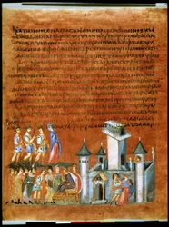 Pagina intera: testo e miniatura: Isacco e Rebecca con il re filisteo Abimelech a Gerar (miniatura)