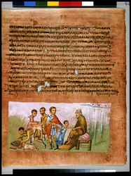 Pagina intera: testo e miniatura: Giacobbe affida Beniamino a Giuda e invia regali (miniatura)