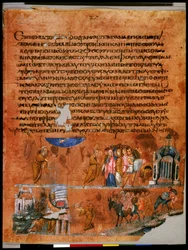 Pagina intera: testo e miniatura: Giacobbe, su ordine di Dio, rimuove gli idoli (miniatura)