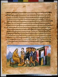 Pagina intera: testo e miniatura: Giacobbe rivela ai figli i loro doni (miniatura)