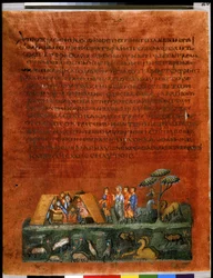 Pagina intera: testo e miniatura: Giacobbe cerca gli idoli rubati nelle tende (miniatura)