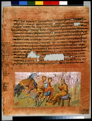 Pagina intera: testo e miniatura: I fratelli di Giuseppe trovano i loro sacchetti di denaro e li mostrano a Giacobbe (miniatura)