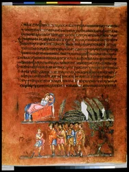 Pagina intera: testo e miniatura: Il sogno di Giuseppe dei covoni di grano (miniatura)