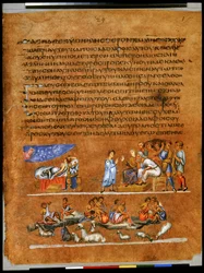 Pagina intera: testo e miniatura: Il sogno di Giuseppe del sole, della luna e delle stelle (miniatura)