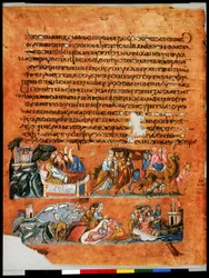 Pagina intera: testo e miniatura: morte di Deborah (miniatura)