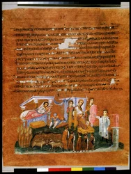 Pagina intera: testo e miniatura: il Faraone racconta a Giuseppe i suoi sogni sulle spighe e sulle mucche (miniatura)