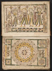 MS Hunter 40 f.2r, frontespizio raffigurante Ahiqar, Platone, Galeno e Aristotele, e pagina accanto, da "La disposizione dei corpi per il trattamento" di Ibn Jazla (penna  inchiostro e acquerello su carta)