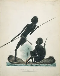 Nativi che pescano in una canoa di corteccia, 1819