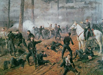La batteria del capitano Hickenlooper nel Nido del Calabrone alla Battaglia di Shiloh, aprile 1862 (litografia a colori)
