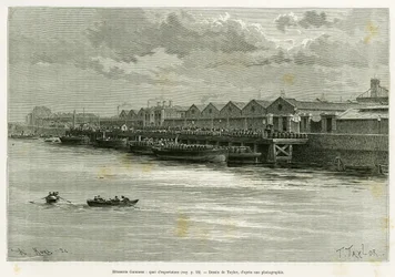 Birreria Guinness, molo di esportazione. Incisione di Taylor, per illustrare la storia Trois mois en Irlande, nel 1889, di Marie Anne de Bovet, in le tour du monde 1890, diretta da Edouard Charton (1807-1890), Hachette, Parigi.