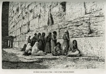 Ebrei che piangono contro i muri del tempio (muro del pianto). Incisione di Taylor, per illustrare La Siria di oggi, di M. Lortet, decano della Facoltà di Medicina di Lione, incaricato di una missione scientifica dal Ministero dell