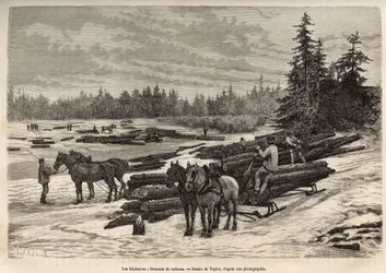 La discesa delle zattere in Ontario, i boscaioli scaricano i tronchi tagliati e li installano sul fiume ghiacciato, poi durante il disgelo, i tronchi saranno trasportati dalla corrente al luogo dove saranno scaricati e trasformati, incisione dopo un disegn
