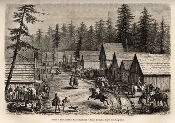 La stazione di Cisco, conte di Placer (Nevada), dove si può prendere il treno espresso della Pacific Railway (Pacific Railway), inciso dopo il disegno di Taylor, illustrando il viaggio da Washington a San Francisco nel 1868, di L. Simonin, pubblicato in 