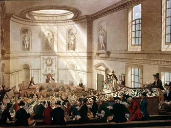 India House, La Sala delle Vendite, da Ackermanns Microcosm of London, inciso da Joseph Constantine Stadler, 1808