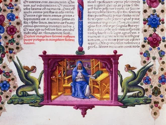Fregio di confine al piede della pagina con San Matteo Evangelista, Volume II f 148, v, Bibbia di Borso d