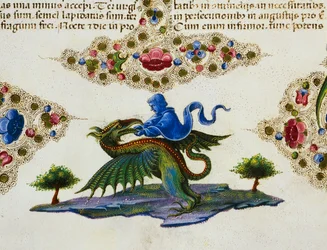 Fregio di bordo al piede della pagina con figura di genio e mostro alato, Volume II f 198, v, Bibbia di Borso d