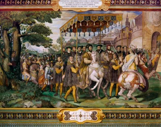 Francesco I accoglie Carlo V e il cardinale Alessio Farnese a Parigi, di Taddeo Zuccari (1529-1566), Palazzo Farnese, Caprarola, Italia