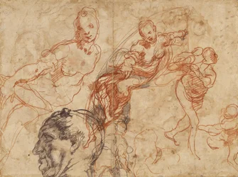 Disegno di un piatto circolare (recto); studi di figure (verso)
