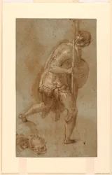 Soldato che corre: Studio per figura in primo piano a sinistra, "Il tradimento di Cristo," Roma, S. Maria della Consolazione, Cappella Mattei; Studi separati di due teste
