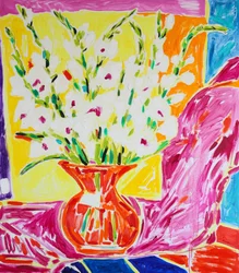 Vaso con gladioli dai colori vivaci