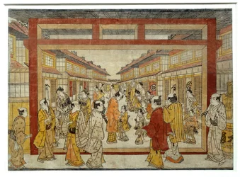 Vista prospettica di Nakano-Cho. Stampa giapponese di Masanobu Tanaka, attivo tra il 1741 e il 1748, stile Ukiyo-E. Parigi, Museo Guimet