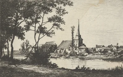 Città con una chiesa oltre un fiume