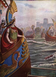 Antichità romana: la regina egiziana Cleopatra VII alla battaglia di Azio nel golfo di Ambracia il 2 settembre 31 a.C. contro la flotta di Ottaviano