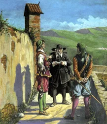 Don Abbondio incontra i prodi - illustrazione per "Gli amanti" di Alessandro Manzoni, éd. Nerbini, Firenze
