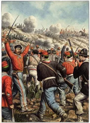 Risorgimento : representation of Giuseppe Garibaldi (1807-1882) during a battle - cover for "Garibaldi, Cronistoria illustrata dell