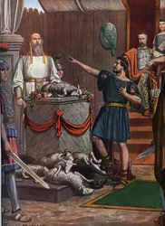 Antichità romana: terza guerra sannitica, cerimonia e sacrificio in onore delle divinità prima della battaglia di Aquilonia nel 293 a.C., illustrazione di Tancredi Scarpelli