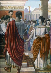 Antichità romana: Ortensia, portavoce delle matrone romane colpite da una tassa speciale, difende la loro causa davanti ai triumviri nel 42 a.C. Illustrazione di Tancre