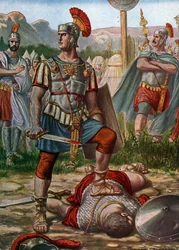 Antichità romana: il console Tito Manlio Imperioso Torquato sconfigge un gallico nel 361 a.C., illustrazione di Tancredi Scarpelli