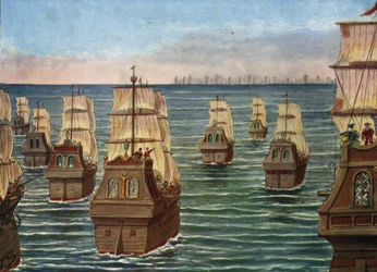 La battaglia di Cannanor ebbe luogo nel marzo 1506 al largo del porto di Cannanore in India, tra la flotta indiana del Samorin di Calicut e una flotta portoghese sotto Lourenco de Almeida, figlio del viceré Almeida) Illustrazione di Tancredi Scarpelli in