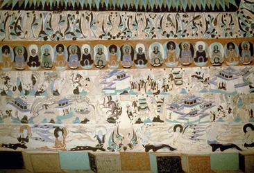 Buddha e scene di vita quotidiana, affresco della dinastia Tang, Cina, VII-X secolo