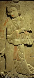 Stele in terracotta con musicista, Dinastia Tang (618-907), scoperta nella Provincia di Shaanxi, Museo della Foresta delle Stele a Xian. Fotografia, Leonard de Selva, Cina, 2006