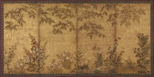 Albero di mimosa, papaveri e altri fiori estivi, periodo Edo