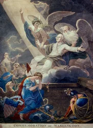 Incisione a colori della gloria di George Washington sollevata al cielo dal Tempo e dall