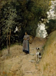 Contadina con cesto e cane