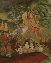 Re Sanjaya su un elefante, Wat Suwannaram, Dhonburi, 1831