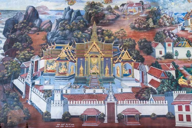 Murale che raffigura scene del Ramayana al Wat Phra Kaeo, il Palazzo Reale, Bangkok, Thailandia