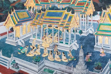 Affresco che raffigura scene del Ramayana al Wat Phra Kaeo, il Palazzo Reale, Bangkok, Thailandia