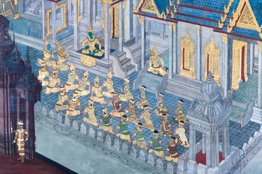 Murale che raffigura scene del Ramayana al Wat Phra Kaeo, il Palazzo Reale, Bangkok, Thailandia