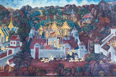 Affresco che raffigura scene del Ramayana al Wat Phra Kaeo, il Palazzo Reale, Bangkok, Thailandia