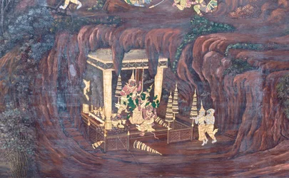 Affresco che raffigura scene del Ramayana al Wat Phra Kaeo, il Palazzo Reale, Bangkok, Thailandia