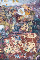 Affresco che raffigura scene del Ramayana al Wat Phra Kaeo, il Palazzo Reale, Bangkok, Thailandia