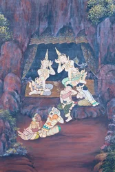 Affresco che raffigura scene del Ramayana al Wat Phra Kaeo, il Palazzo Reale, Bangkok, Thailandia