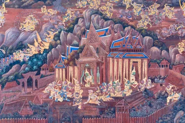 Affresco che raffigura scene del Ramayana al Wat Phra Kaeo, il Palazzo Reale, Bangkok, Thailandia