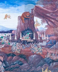 Affresco che raffigura scene del Ramayana al Wat Phra Kaeo, il Palazzo Reale, Bangkok, Thailandia